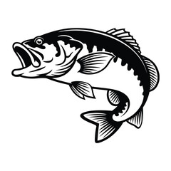 Leaping Largemouth Bass Illustration: Dynamic Black and White Fish for Fishing and Outdoor Themes

