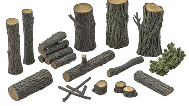Assorted cuts of lumber with varied textures and shapes