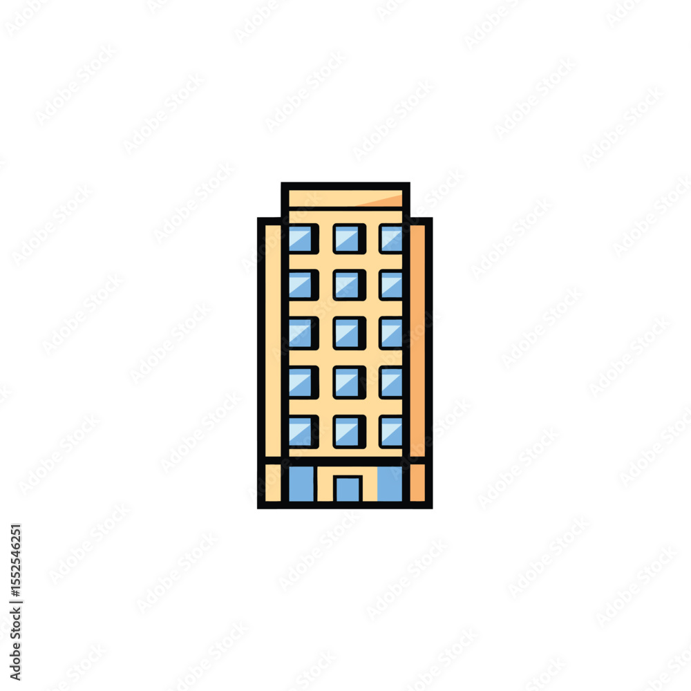 Poster pixelated cartoon building icon featuring windows on a beige colored skyscraper structure design