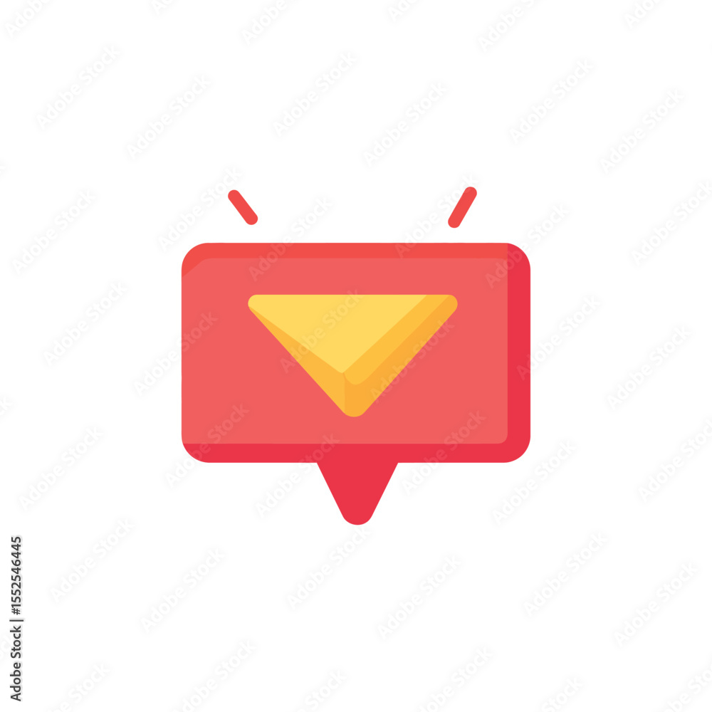 Poster red notification speech bubble with yellow triangle on white background