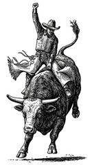 Vintage Illustration of Cowboy Riding Bull Rodeo Wild West Sport