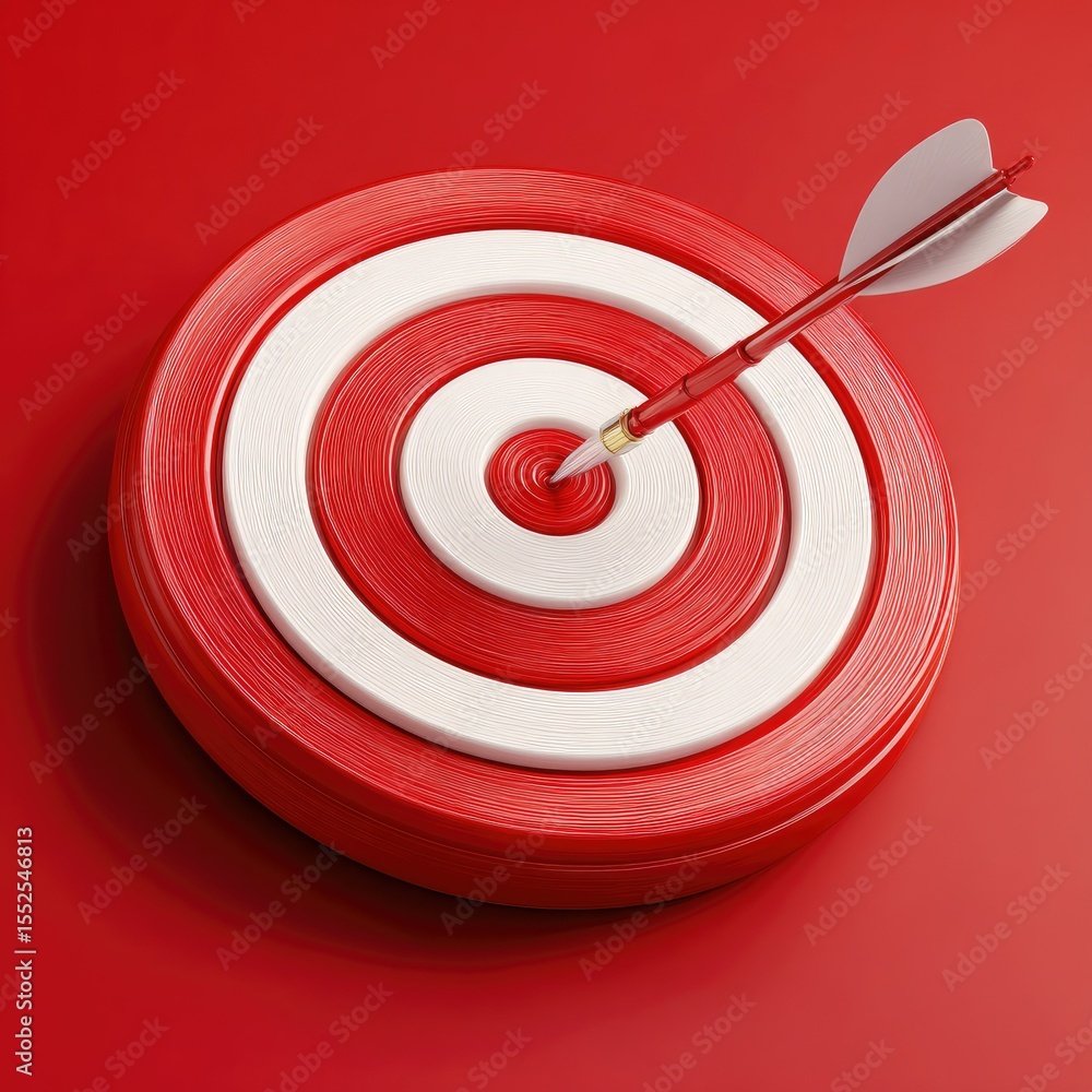 Fototapete A red and white dartboard with a dart in the center, set against a red background.  The image is digitally rendered with a slightly three-dimensional effect