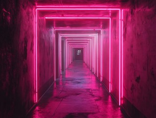 Fototapeta premium Illuminated tunnel with pink neon lights creating a surreal perspective