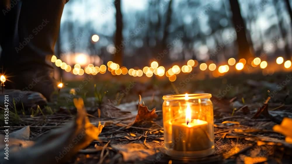 Poster Glowing Candle In A Glass Jar On Forest Floor Illuminated By Fairy Lights And Bokeh