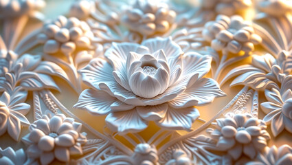Elegant White Floral Carvings on a Golden Textured Background
