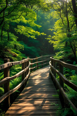 Enchanted Forest Path with Wooden Bridge and Golden Sunlight