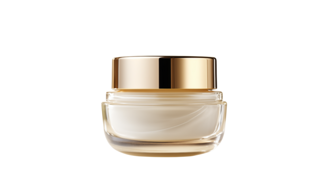 Close up of a small clear glass jar with a gold lid filled with a white cream on a transparent background