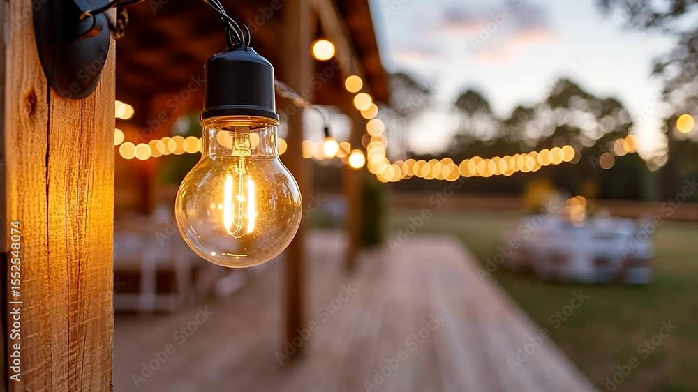 Aufkleber Glowing Edison Bulb With String Lights On Wooden Structure in Outdoor Setting at Sunset