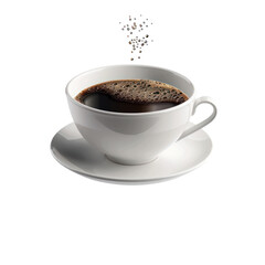 Obraz premium A white coffee cup filled with black coffee and a white saucer.