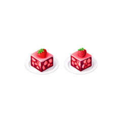  Slice of strawberry cake in cube shape with creamy layers and fruit topping isolated on white background