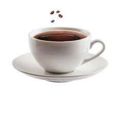 Obraz premium A white coffee cup filled with coffee beans on a white saucer.