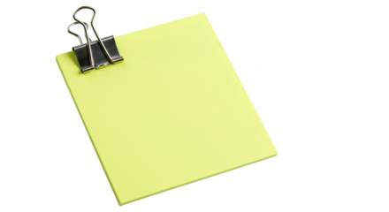 Yellow Note Paper with Binder Clip Reminder on Transparent Background
