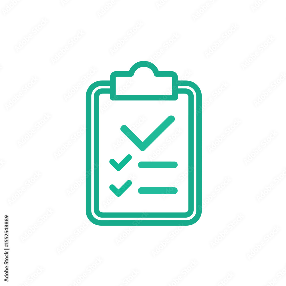 Poster teal clipboard with two checkmarks and two lines on white background