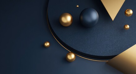 Dark background with gold and dark spheres arranged on geometric shapes
