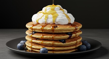 Golden Syrup Drizzles Delightful Blueberry Pancakes Stacked High