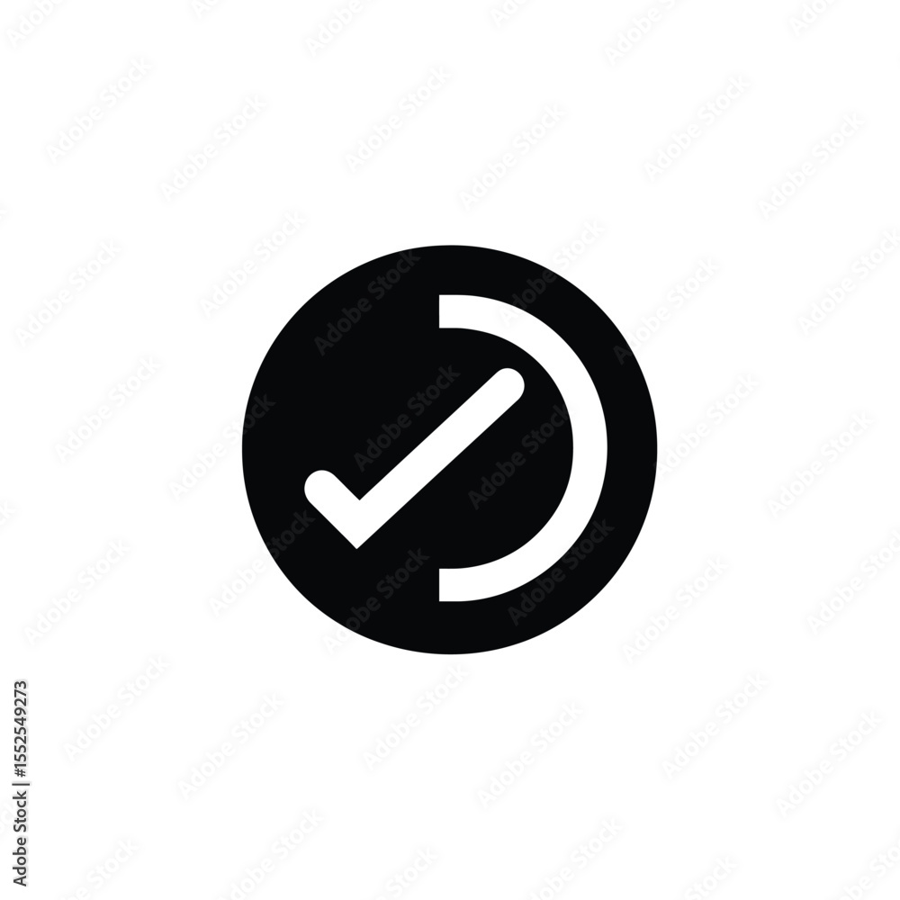 Poster white tick symbol on black circular shape with semi circle with white background