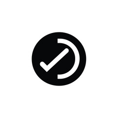 White Tick Symbol on Black Circular Shape with Semi Circle with White Background