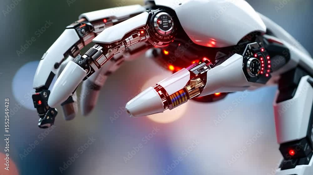 Poster Detailed Robotic Hand Showing Mechanical and Electronic Components with Red Illumination and Blur Background