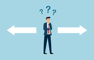 Obraz na płótnie Canvas Businessman chooses the right or left. Difficult choice between two options. Making a decision.