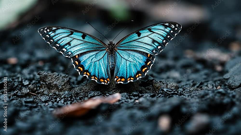 Poster detailed macro shot of a blue butterfly with intricate patterns resting on dark textured ground