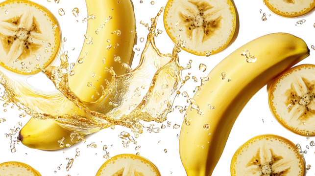 Bananas, slices, and water splash on a black backdrop