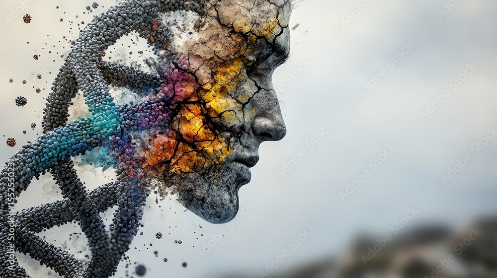 Poster Disintegrating dna helix symbolizing evolutionary change abstract art outdoor setting close-up view conceptual theme