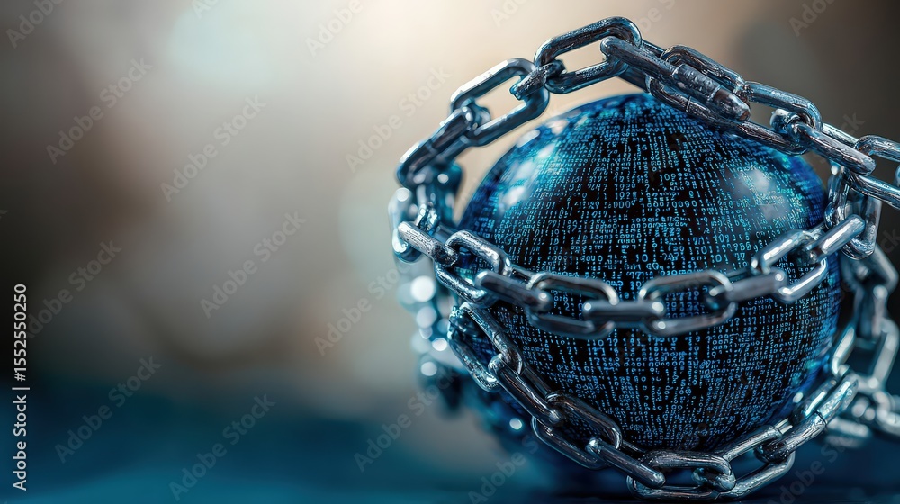 Poster Digital transformation binary code chains wrapping around a sphere abstract night setting close-up technology concept