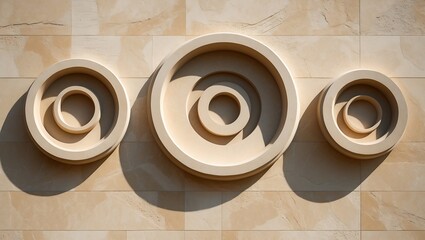 Three concentric circular stone reliefs mounted on a textured beige stone wall
