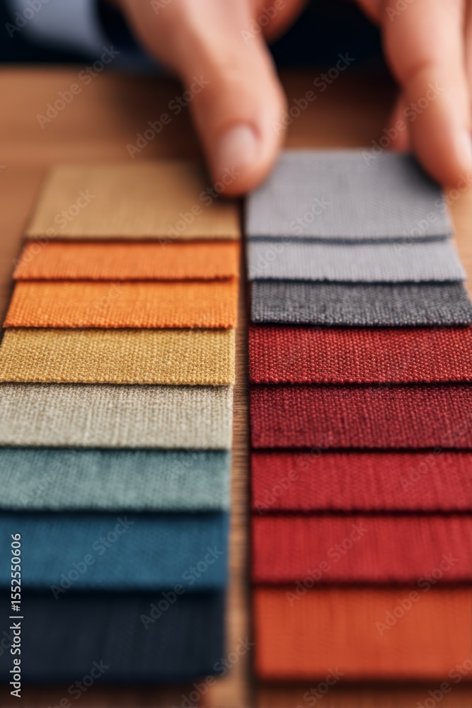 Poster close-up of hands examining a series of fabric swatches in various colors and textures arranged neat