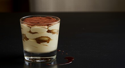 Indulge in this decadent tiramisu, artfully layered in a glass, ready to tantalize your taste buds.