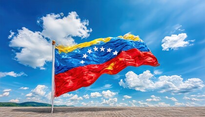 Venezuelan flag waving in a sunny sky