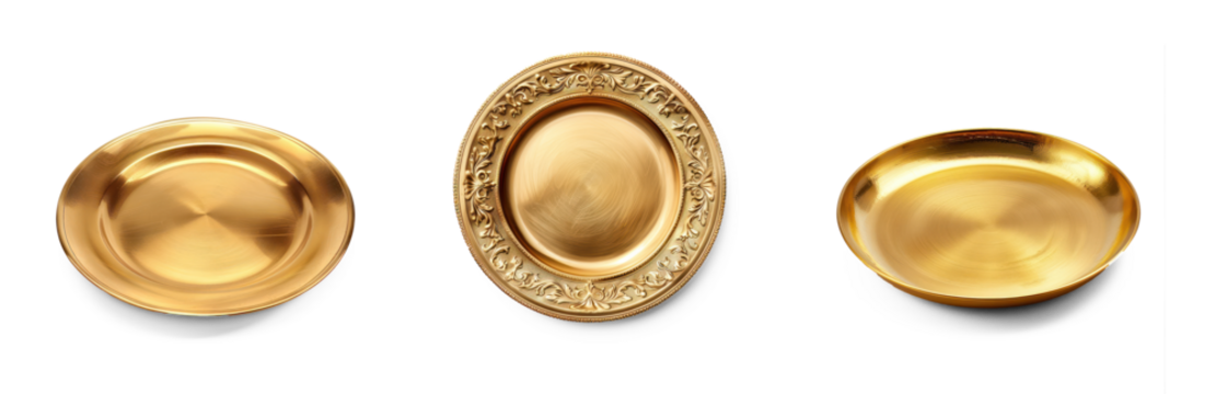 Three gold plates with intricate designs on a transparent background