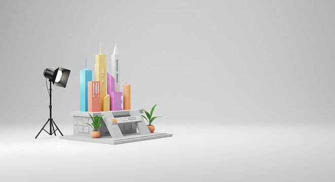 Laptops display business and finance graphs, charts, and vectors, alongside stationery supplies like pens, pencils, and notebooks, perfect for school or office design