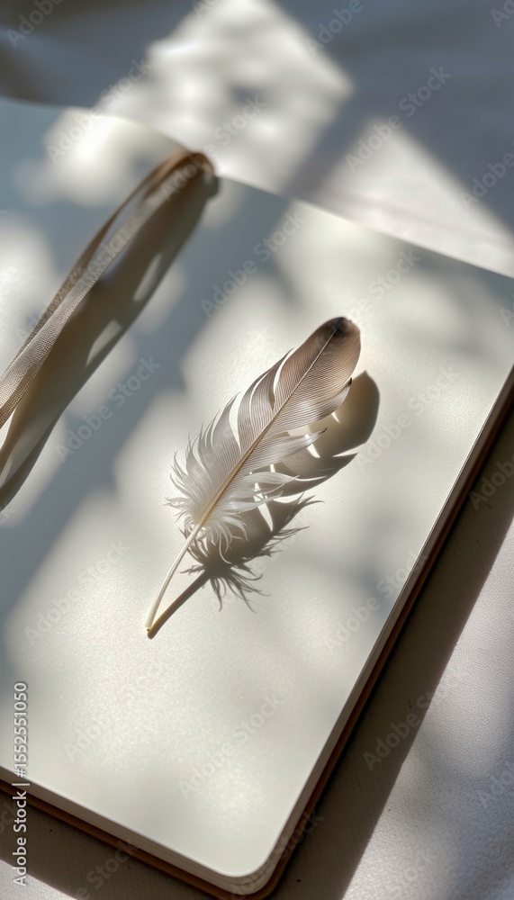 Poster two delicate feathers rest on an open notebook, softly lit by natural sunlight casting gentle shadow