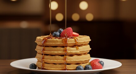 Delicious Golden Waffles with Berries and Syrup