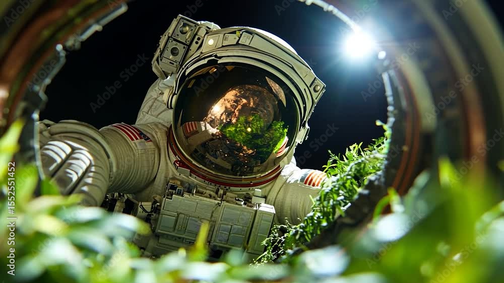 Aufkleber astronaut model in space suit emerging from a circular window with green foliage and dark background