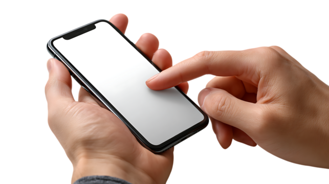 Close up of a person s hands holding and interacting with a modern smartphone with a blank white screen isolated on transparent background