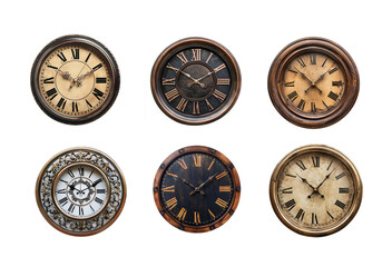 Six vintage wall clocks with different designs and textures.
