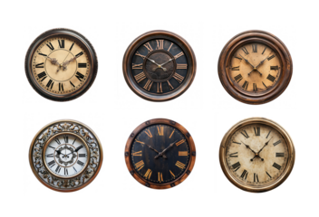 Six vintage wall clocks with different designs and textures.