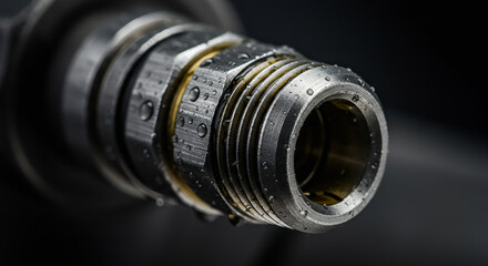 "Close-up of hydraulic equipment with water droplets, industrial equipment detail."

