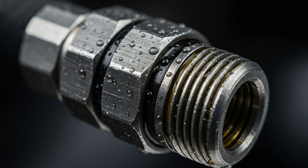 "Close-up of hydraulic equipment with water droplets, industrial equipment detail."

