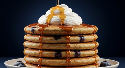 Golden Syrup Drizzles Delightfully onto a Stack of Fluffy Blueberry Pancakes Topped with Whipped Cream