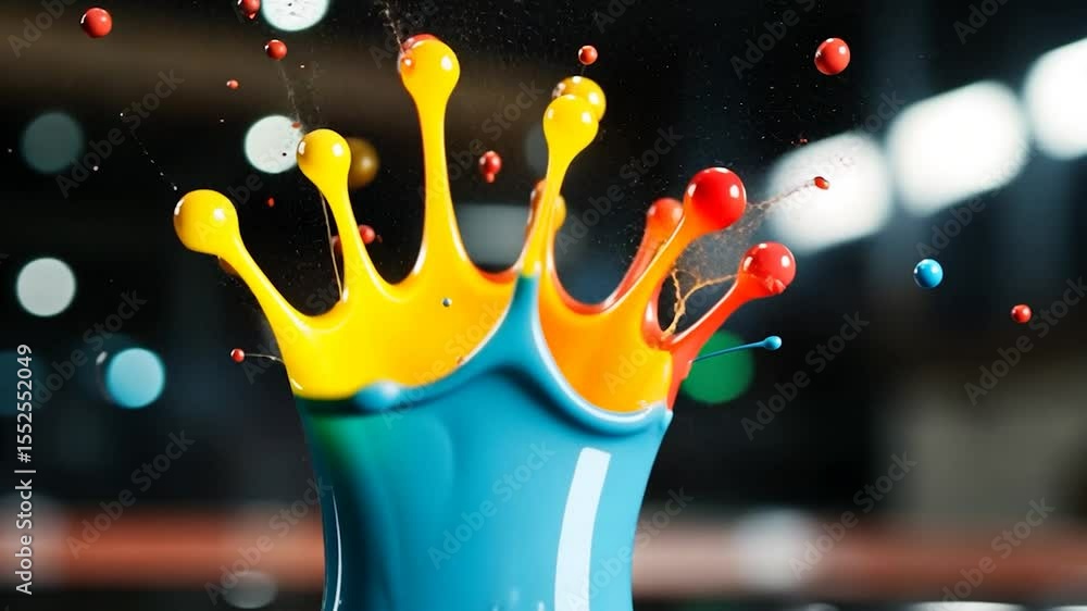 Poster Dynamic Paint Splash With Rising Droplets Against Bokeh Background