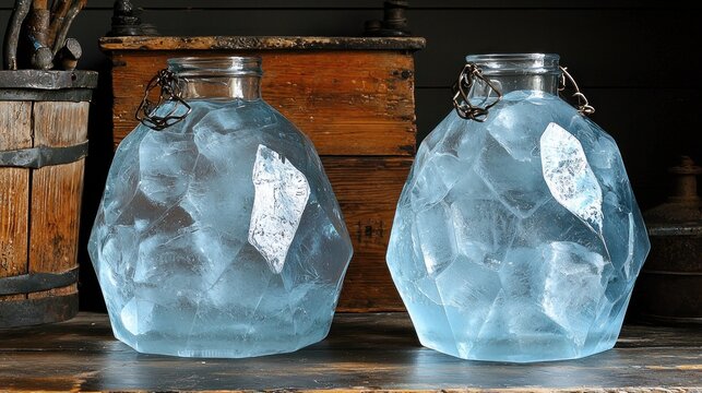 Ice-Filled Glass Jars on Rustic Wooden Surface