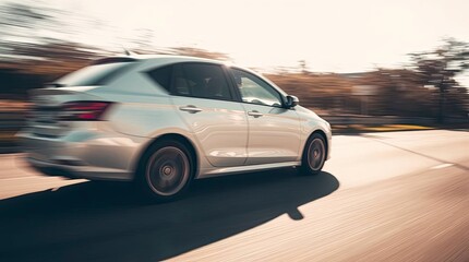 Fototapeta premium A photograph of a fast moving car, motion blur emphasized, harsh sunlight creating dramatic shadows, soft diffused light, ethereal atmosphere