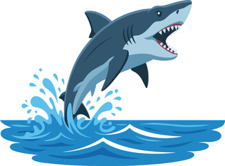 Great White Shark Leaping from Ocean Splash - Flat Design Vector