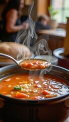 A steaming bowl of hearty vegetable soup with vibrant chunks of carrots, beans, and greens is served with a spoon, evoking warmth and comfort.
