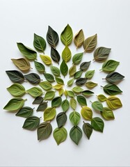 A symmetrical arrangement of various green and yellow leaves forming a circular pattern on a white background.