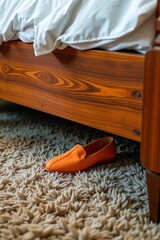 A single orange loafer sits on a textured beige carpet beneath a wooden bed frame with white bedding.