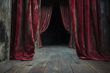Rustic Stage with Velvet Curtains Red Drapes Opening onto a Dark Wooden Floor